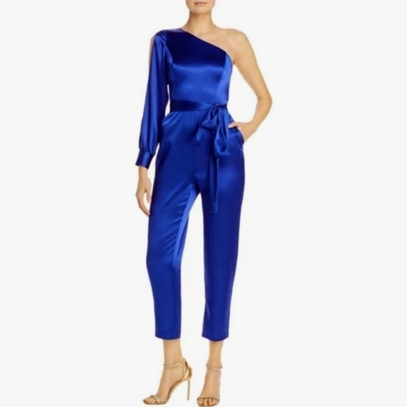 NWT AIDAN MATTOX Satin One Shoulder Tie Waist Evening Jumpsuit Sapphire - Picture 1 of 4